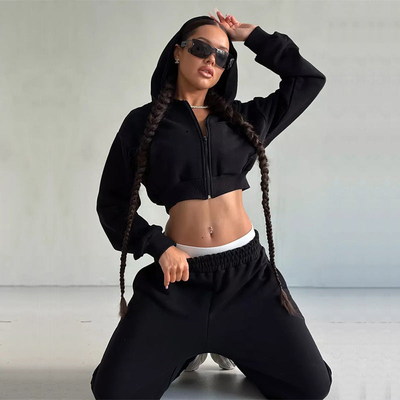 Women short zip hoodie with fitted cuff and wide high-waist French terry jogging pants set Mune Fashion