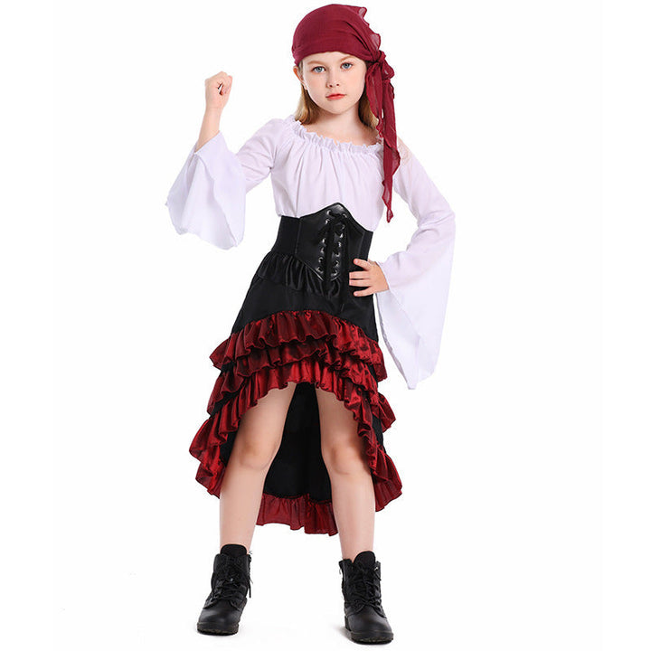 Girls Pirate Costume with Swinging Skirt and Detail-Loving Top Mune Fashion