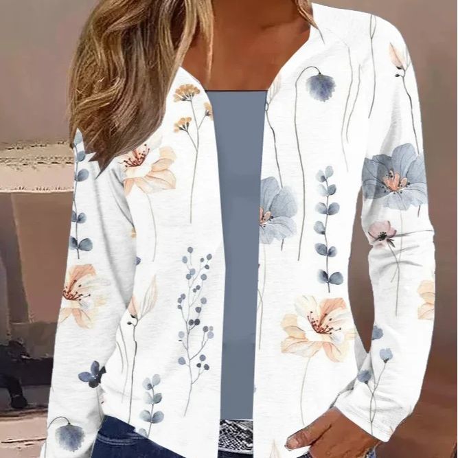 Ladies Lightweight Open Knit Cardigan with Floral Watercolor Print and Casual Fall Mune Fashion