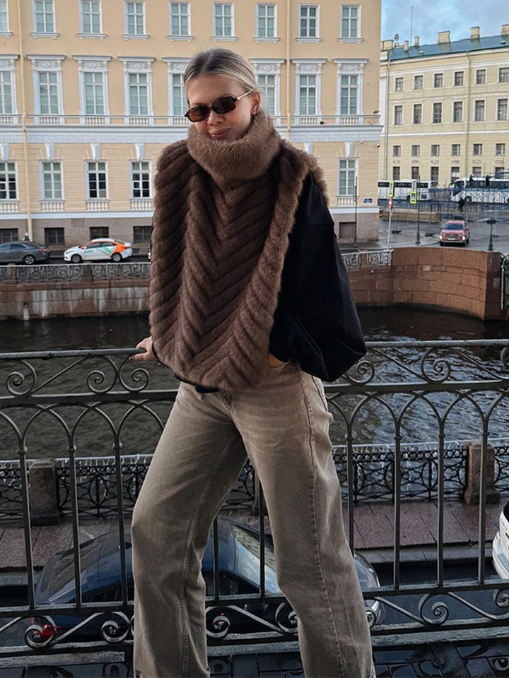Ladies Fleece Lined Fur Poncho with High Roll Neck & Chevron Texture Mune Fashion