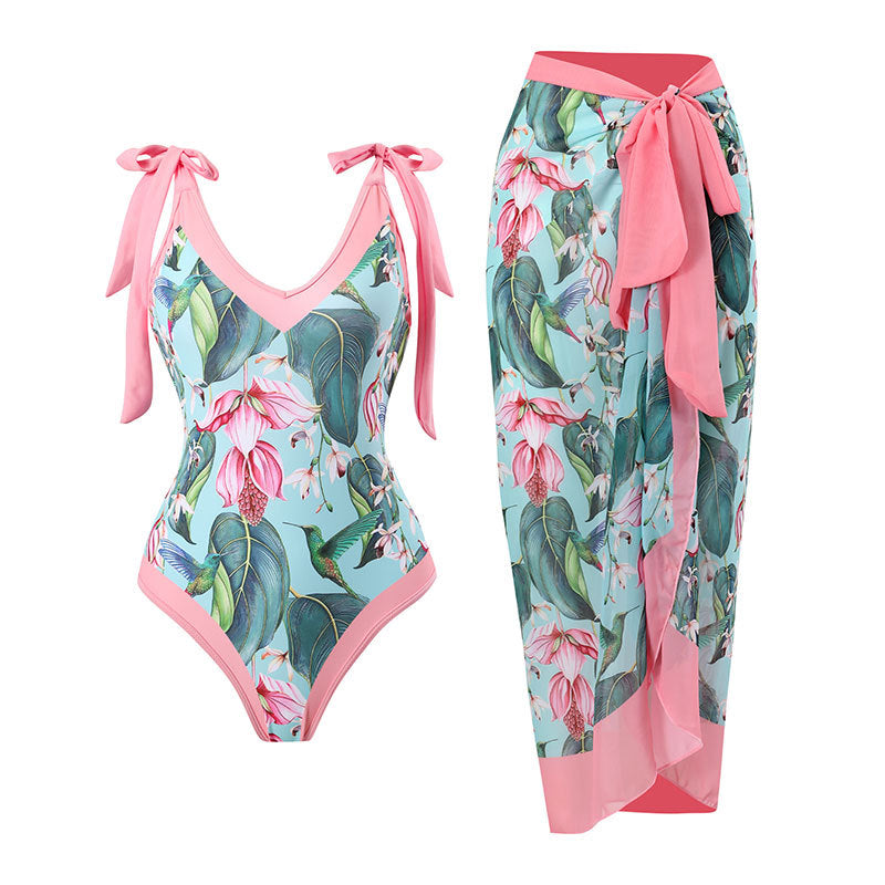 Women’s One-Piece Swimsuit with Playful Tie Straps and Elegant Wrap Skirt Mune Fashion