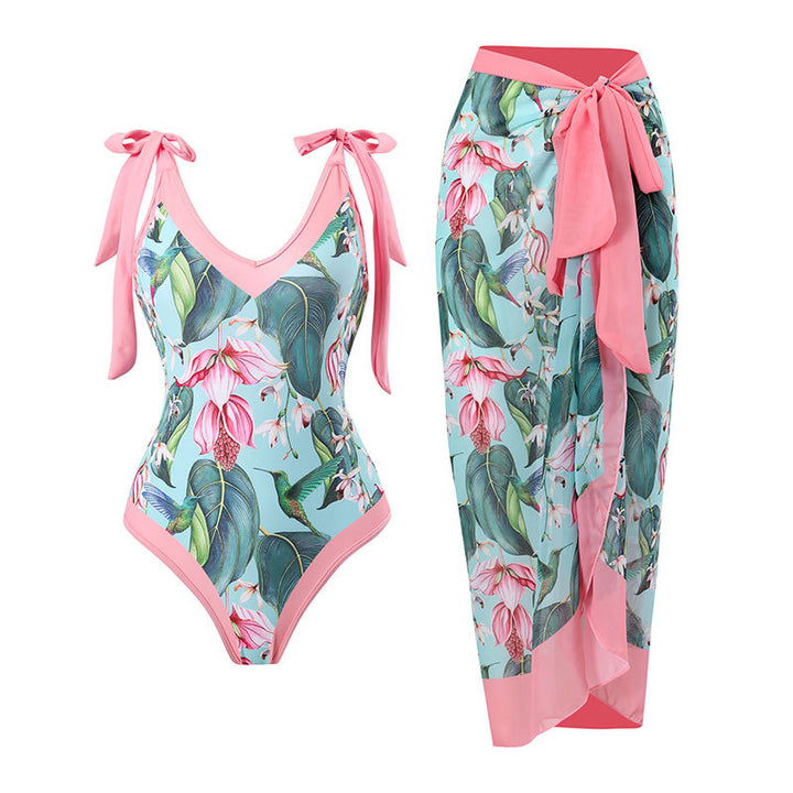 Women’s One-Piece Swimsuit with Playful Tie Straps and Elegant Wrap Skirt Mune Fashion