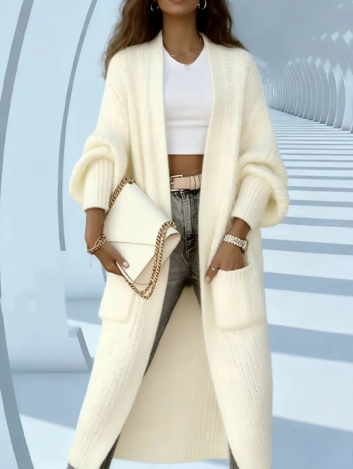 Women Long Open Chunky Knit Coat Cardigan with Braided Structure and Dropped Shoulder Mune Fashion