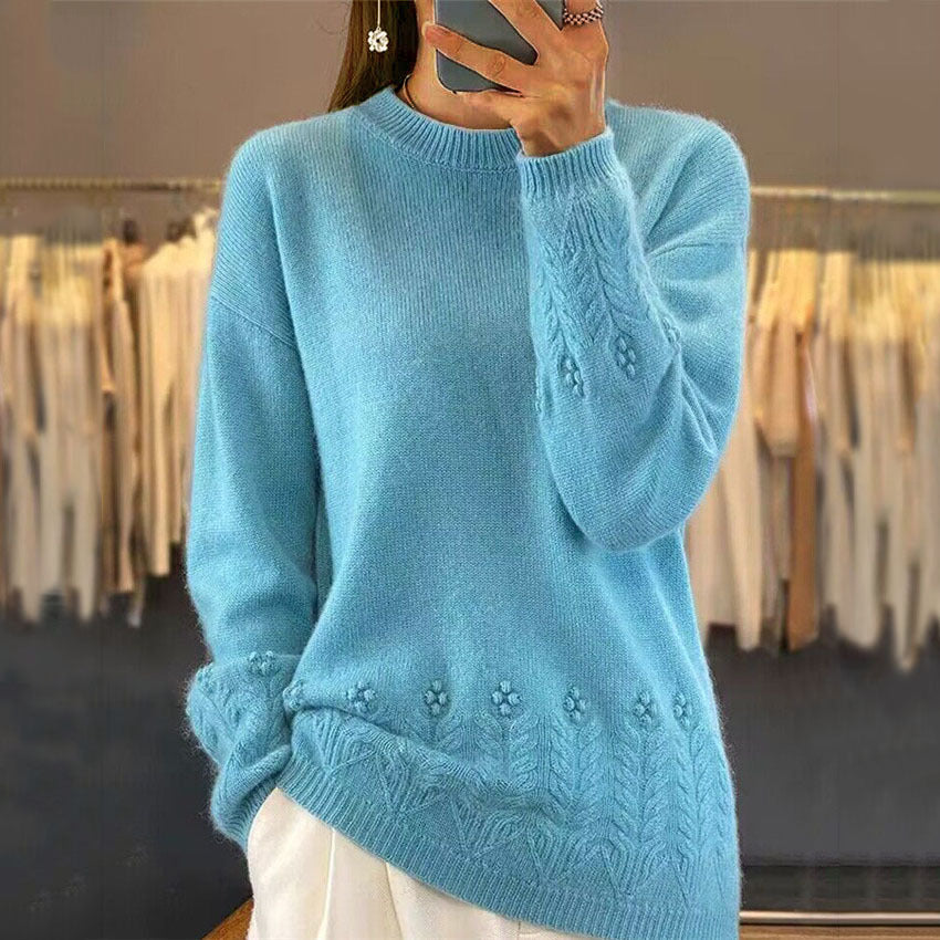 Ladies nan cozy oversized cashmere blend sweater with cable pattern and pearl application Mune Fashion
