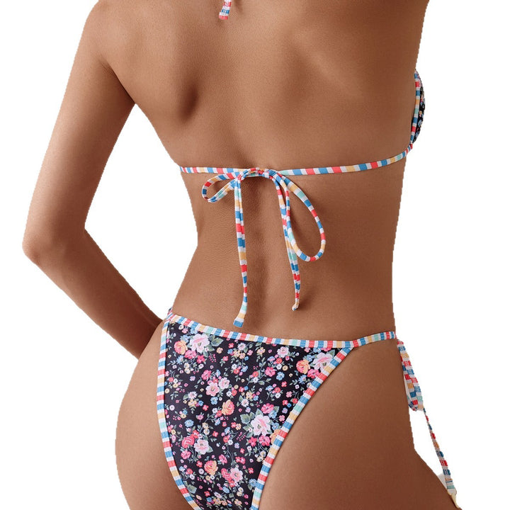 Ladies triangle bikini with playful floral pattern and daring ties Mune Fashion