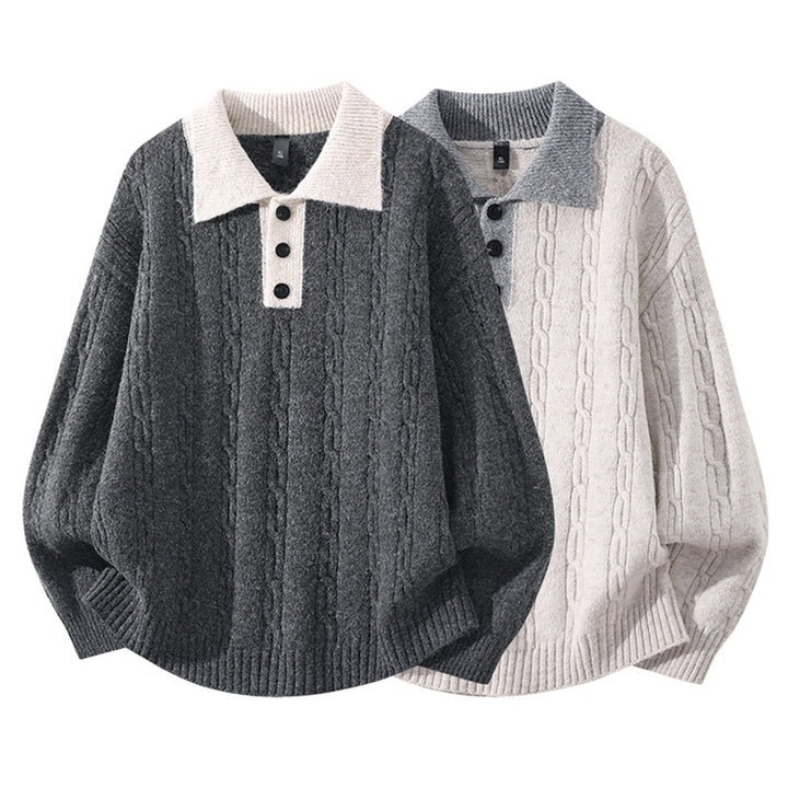Men's Oversized Cable Knit Polo Sweater with Contrast Collar and Three Button Placket Mune Fashion