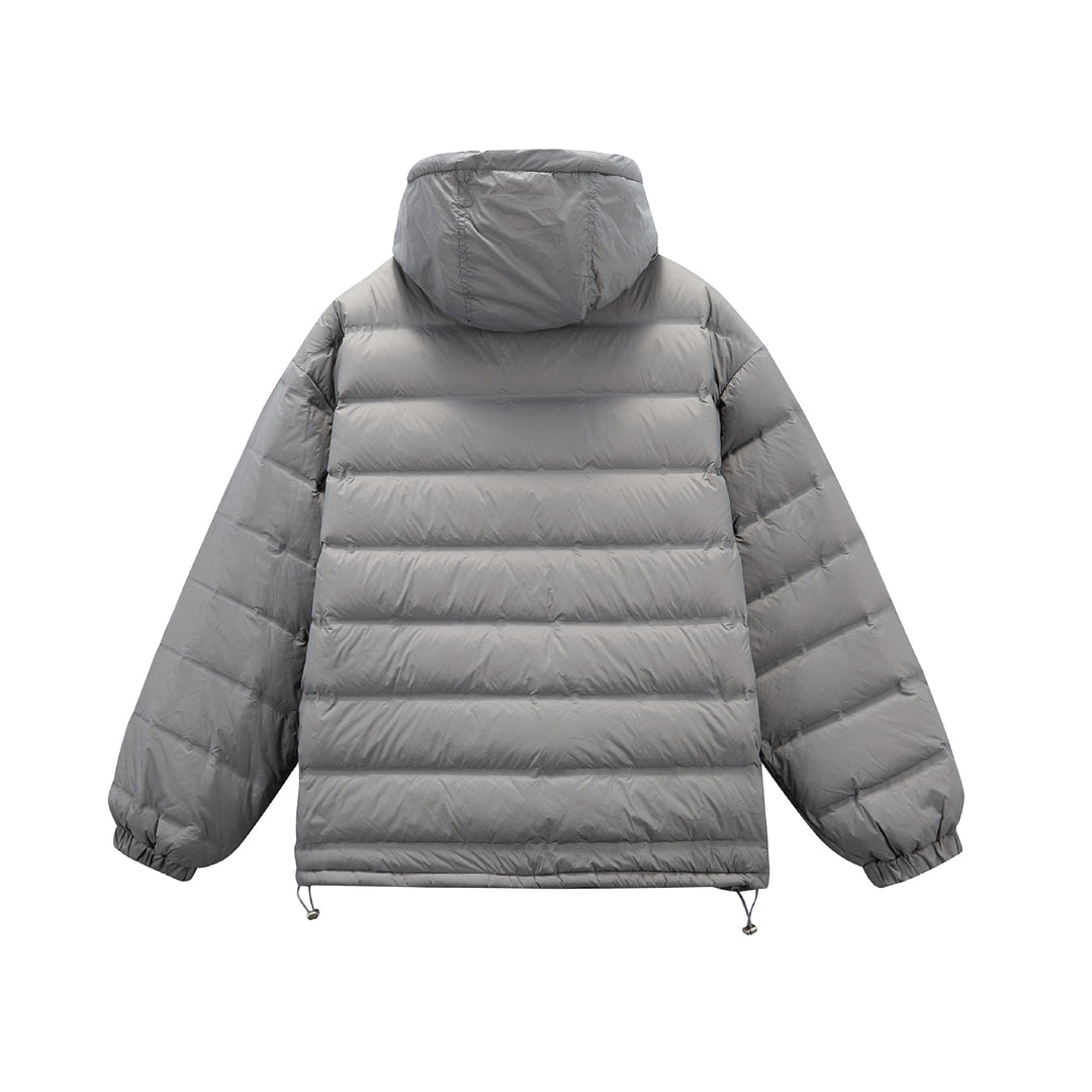 Men's Boxy Puffer Jacket with high stand-up hood, double front zipper and drawstring