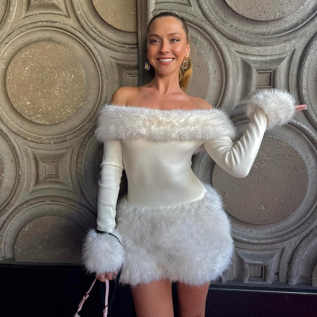 Women's figure-hugging off-shoulder mini dress with long sleeves and luxurious faux fur trim Mune Fashion
