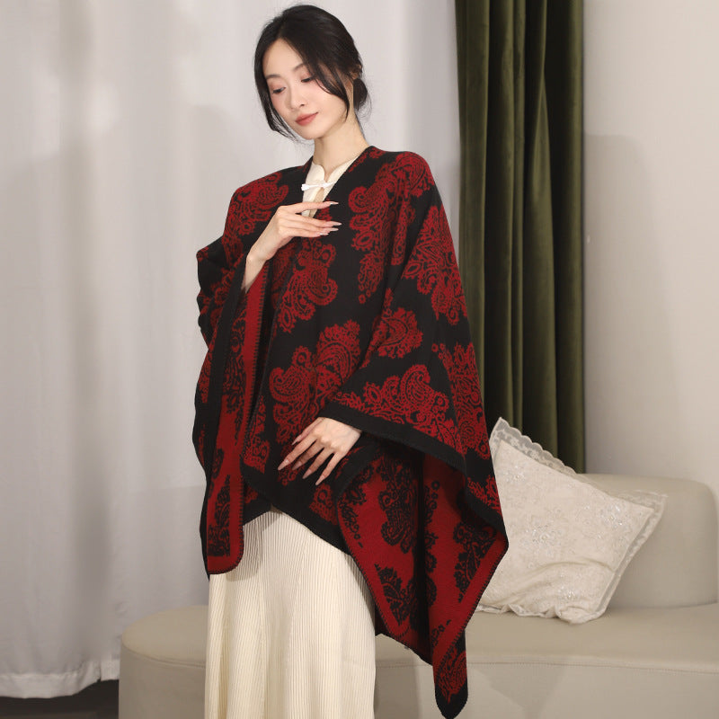 Women Oversized Wrap Cape with Double-Sided Jacquard and Asymmetric Zip Hem Mune Fashion