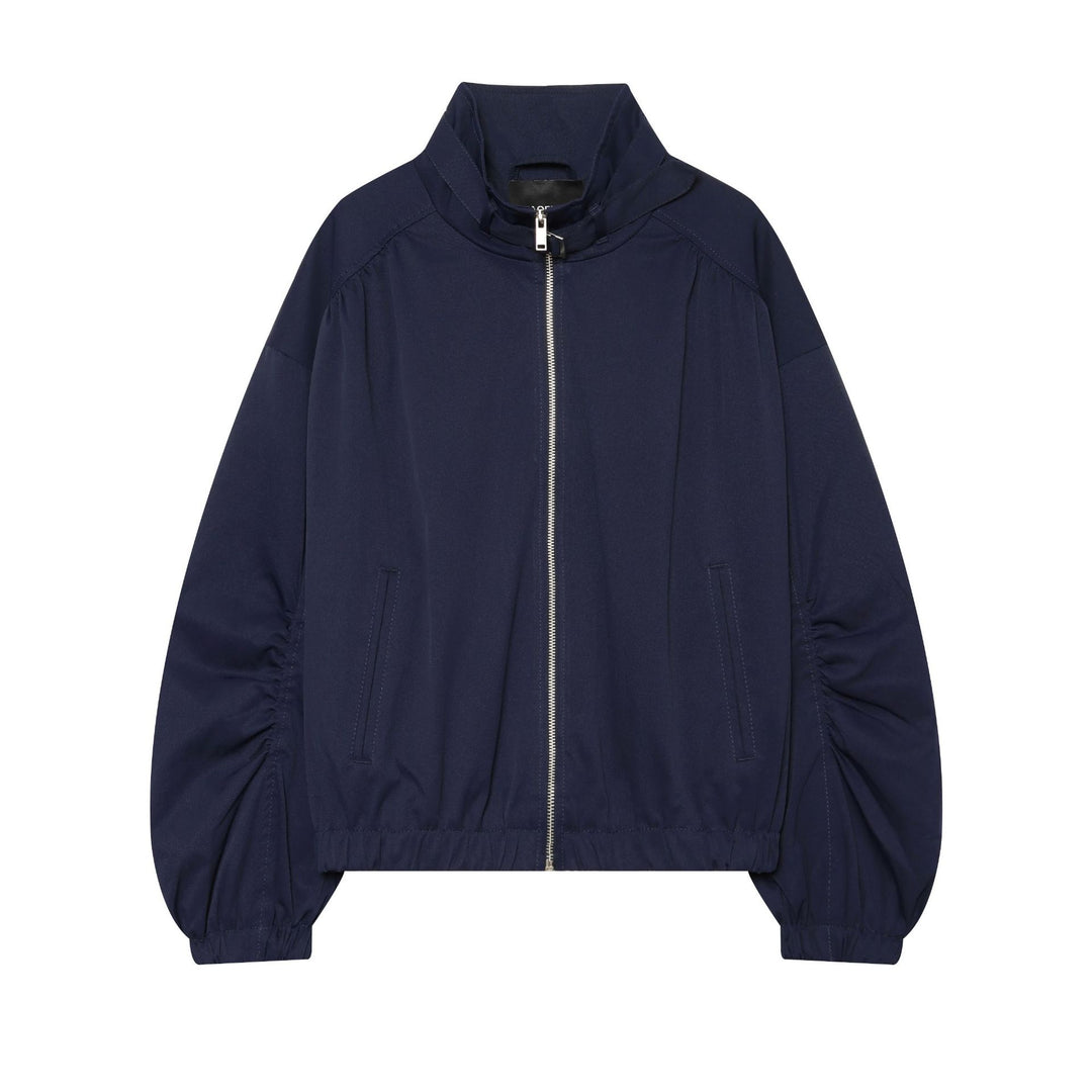 Ladies Cropped Bomber Jacket with Stand-Up Collar and Gathered Balloon Sleeves Mune Fashion
