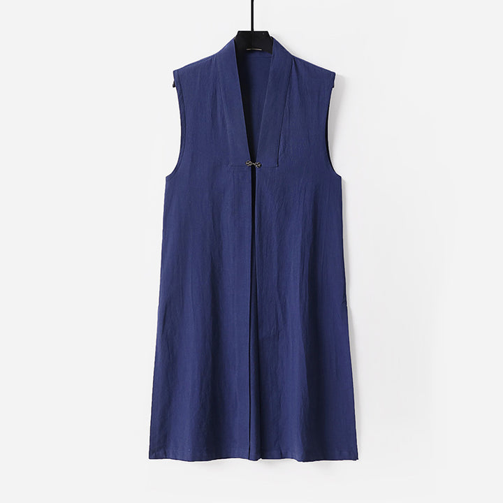 Women's sleeveless long vest with stand-up collar and decorative toggle closure Mune Fashion