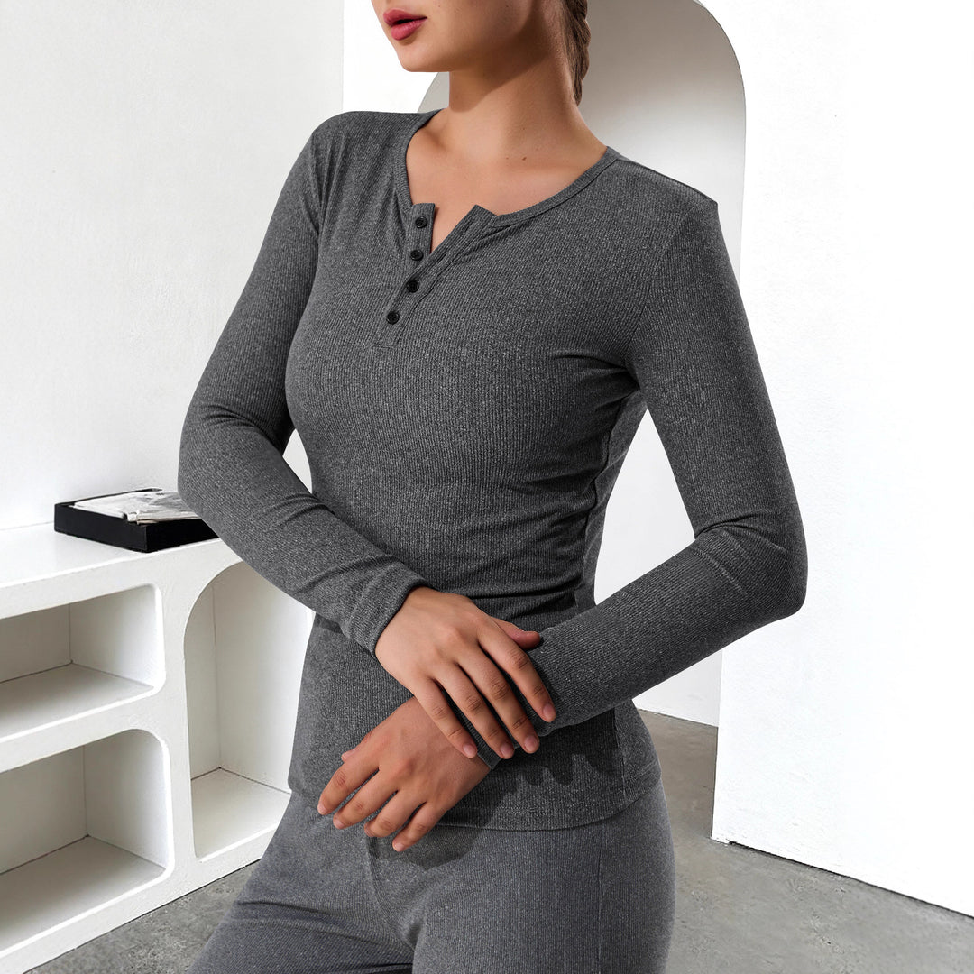 Women's Ribbed Henley Long Sleeve Shirt with Button Placket and Fitted Cut Mune Fashion