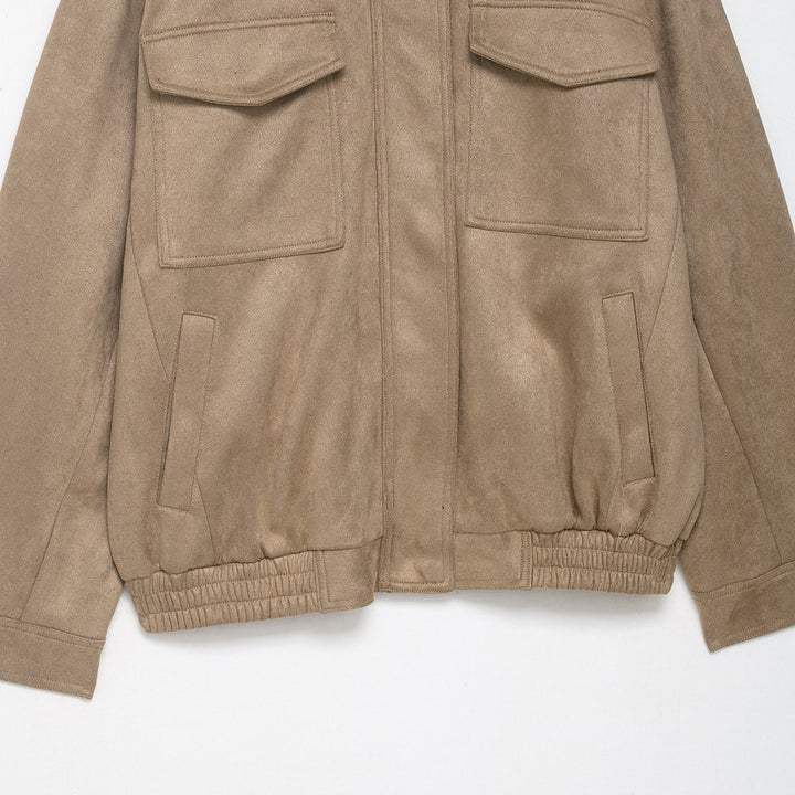 Women's field bomber jacket in suede look with high collar, flap pockets and epaulettes Mune Fashion