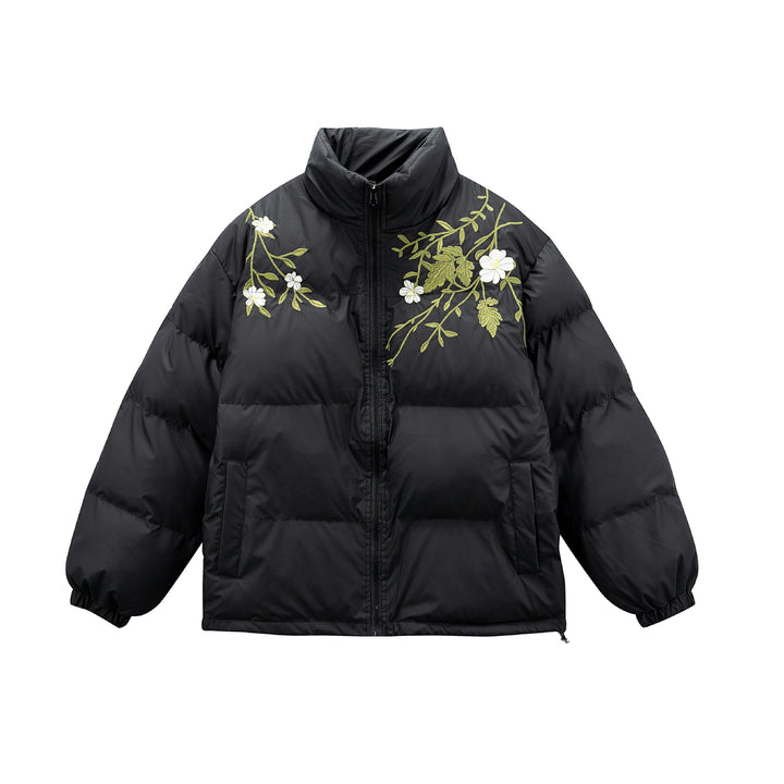 Women's Padded Oversized Quilted Jacket with Stand-up Collar and Floral Embroidery Mune Fashion