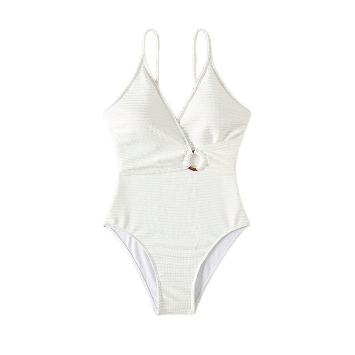 Women One-Piece Swimsuit with Romantic Wrap Design and Fashionable Ring Detail Mune Fashion