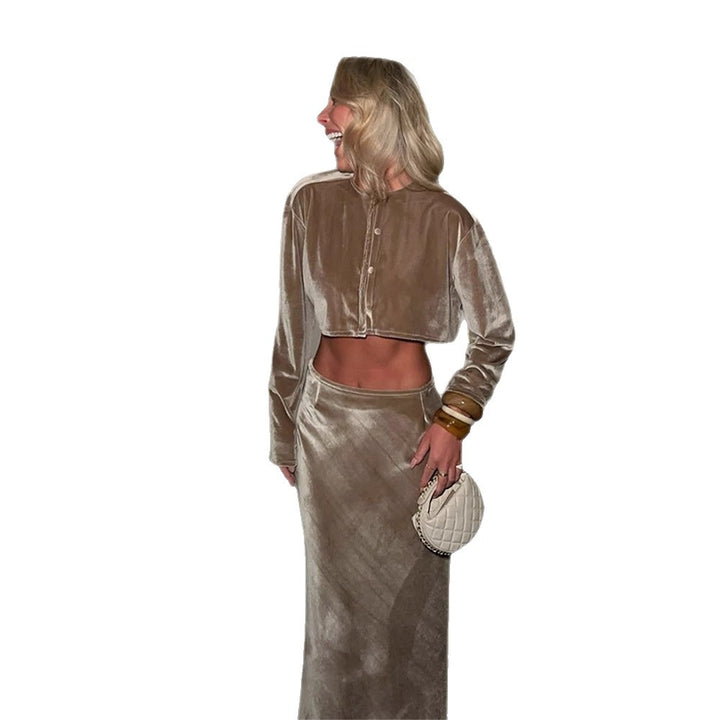 Women's Velvet Cropped Set with Buttoned Short Cardigan & Tailored Midi Skirt Mune Fashion