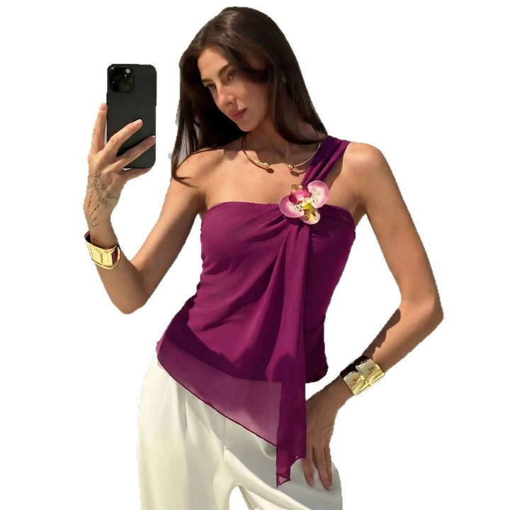 Women’s asymmetrical one-shoulder chiffon top with draping and decorative brooch Mune Fashion
