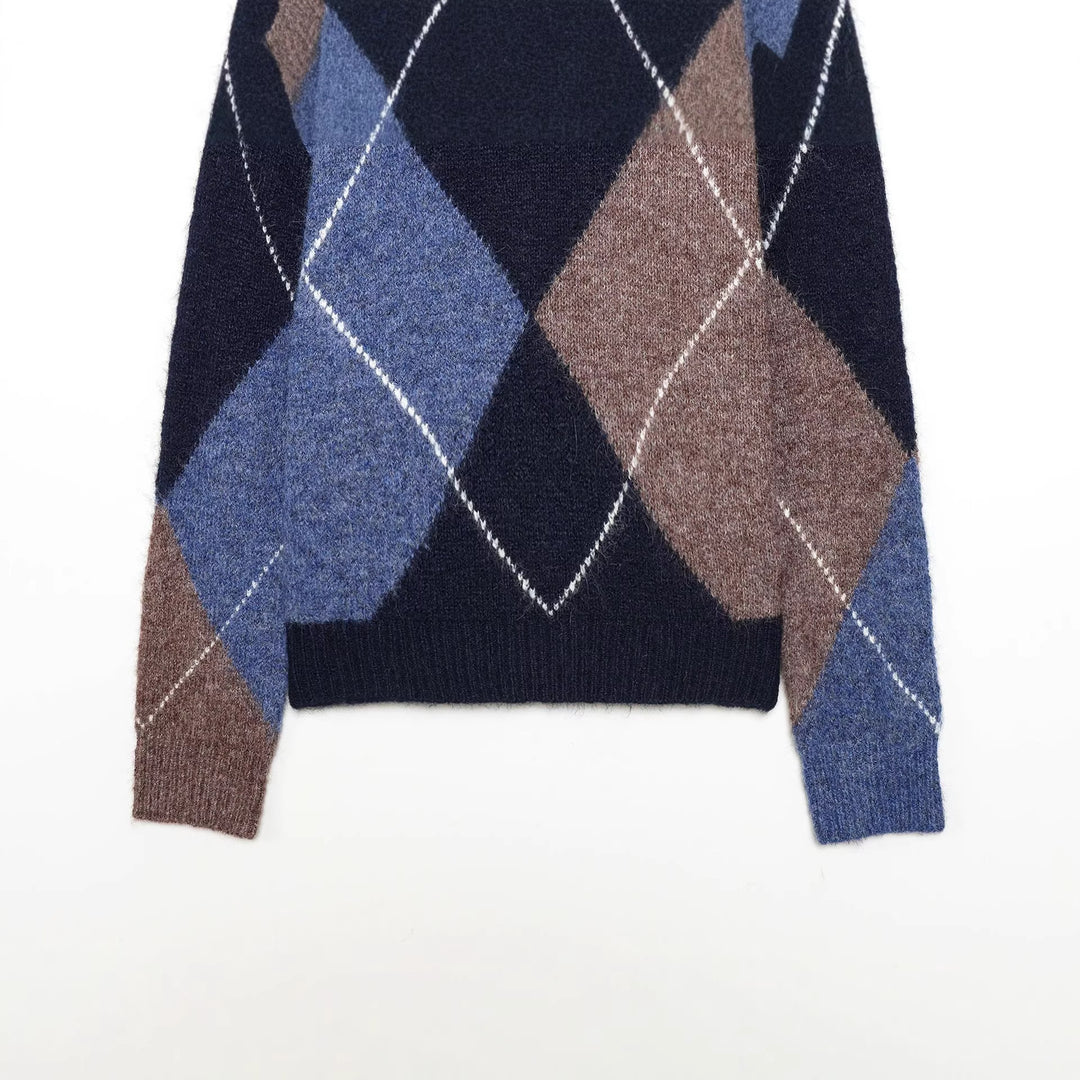 Women's thick knitted Argyle sweater with round neck, dropped shoulder, and wide ribbed cuffs Mune Fashion