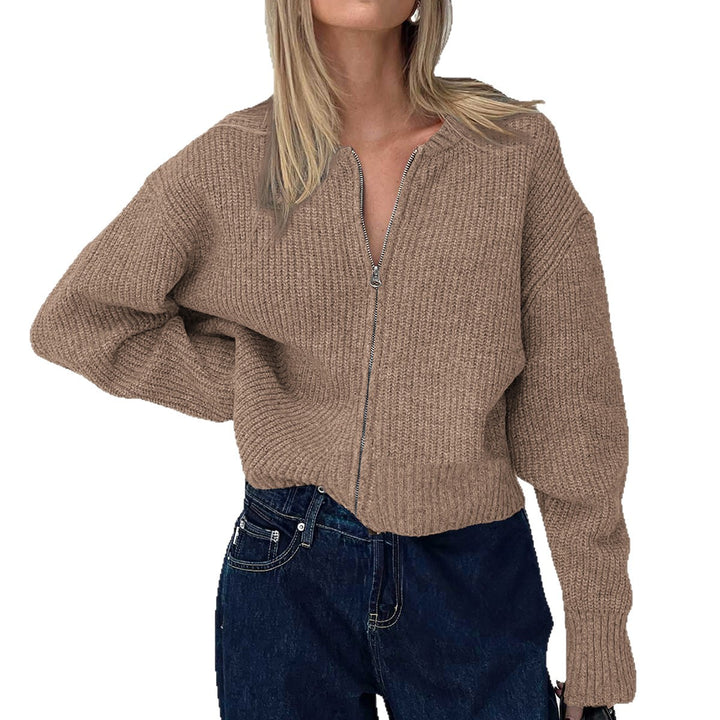 Women's short zip knit top with ribbed hem, dropped shoulder and soft wool blend Mune Fashion