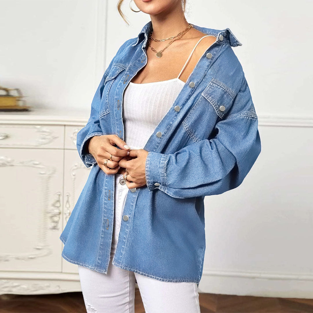 Women's Longline Denim Shirt Jacket Oversized with Flap Pockets Mune Fashion