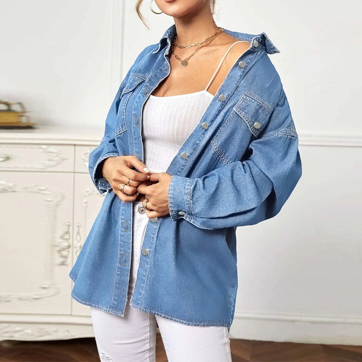 Women's Longline Denim Shirt Jacket Oversized with Flap Pockets Mune Fashion