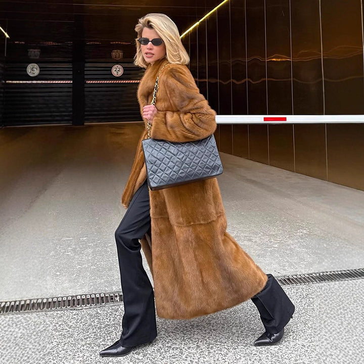 Women Luxurious Long Fur Coat with Shawl Collar and Flattering Oversize Cut Mune Fashion