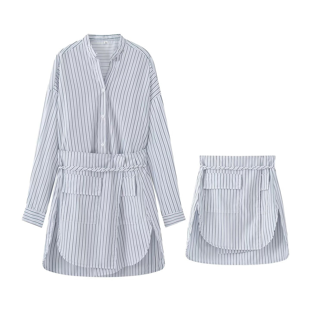 Women's shirt dress with belted waist, mandarin collar, and patch pockets Mune Fashion