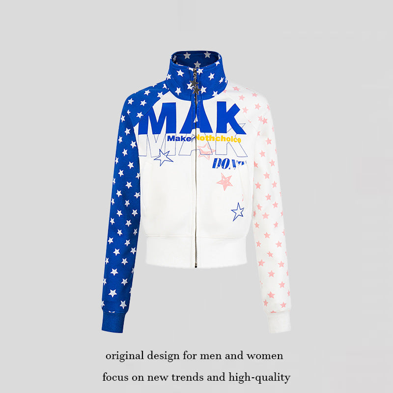 Women's cropped zip-up sweatshirt with stand-up collar, star print, and raglan sleeves Mune Fashion