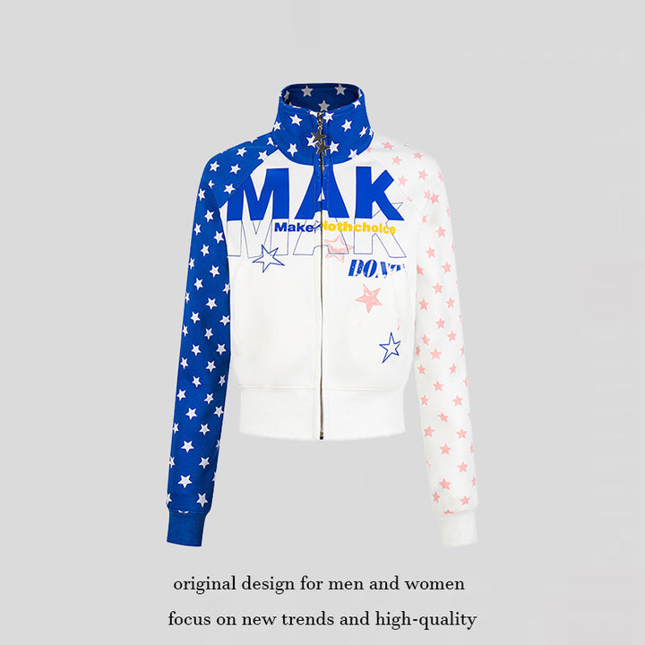 Women's cropped zip-up sweatshirt with stand-up collar, star print, and raglan sleeves Mune Fashion