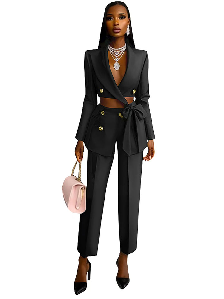 Ladies Tailored Crop Blazer with Decorative Bow, Double Breasted and High Waisted Pants Mune Fashion