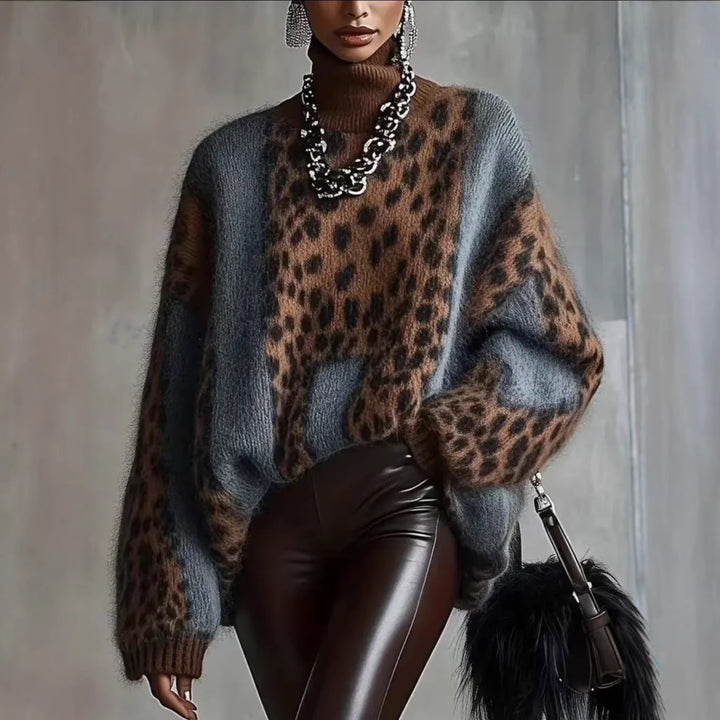 Women's cozy oversized sweater with roll neck and faux fur texture Mune Fashion