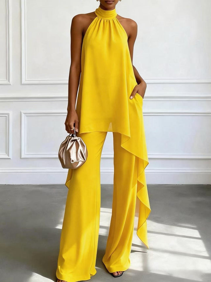 Ladies' elegant evening two-piece with gathered stand collar, asymmetrical ruffle, and flowing flared trousers Mune Fashion