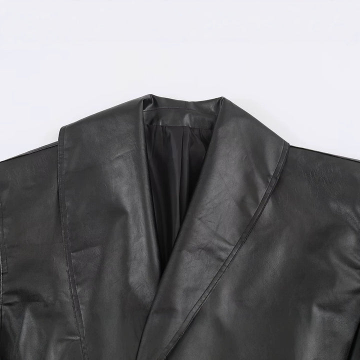 Women Short Oversized Faux Leather Jacket with Wide Shawl Collar and Belt Mune Fashion