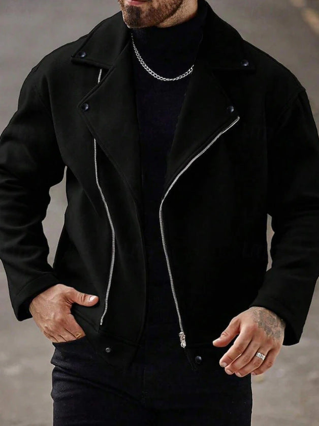 Men's Oversized Biker Jacket made of Wool Blend with Asymmetrical Zipper and Snap Button Details Drune