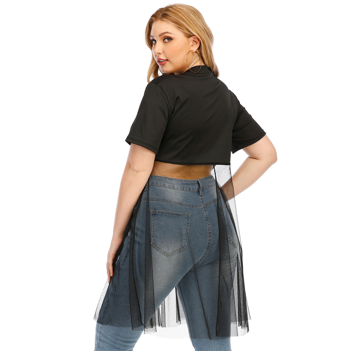 Women's fashionable crop top with transparent overlay and glitter trim Mune Fashion
