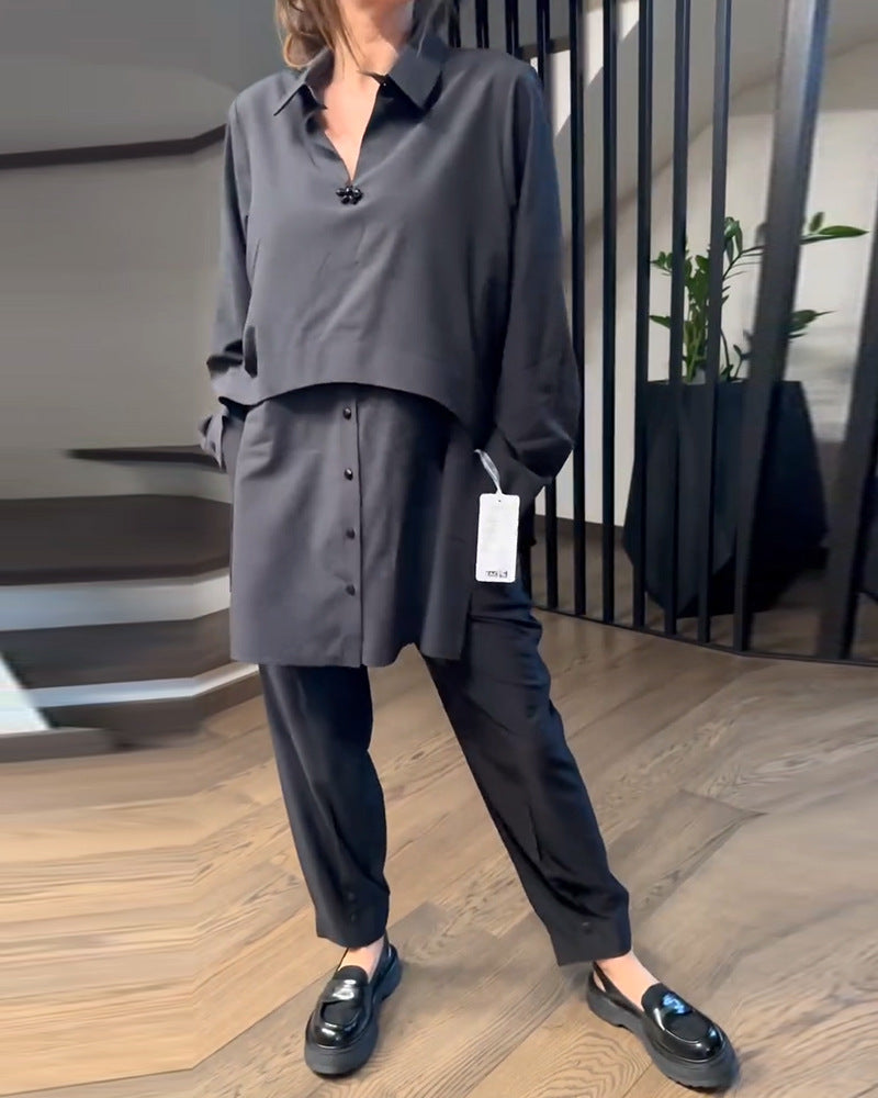 Women's Urban Layered Shirt Set with Overlapping Short Overlay and Tapered Pleated Trousers Mune Fashion