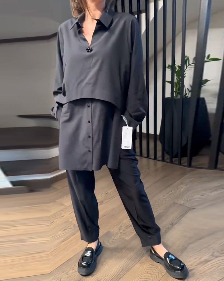 Women's Urban Layered Shirt Set with Overlapping Short Overlay and Tapered Pleated Trousers Mune Fashion