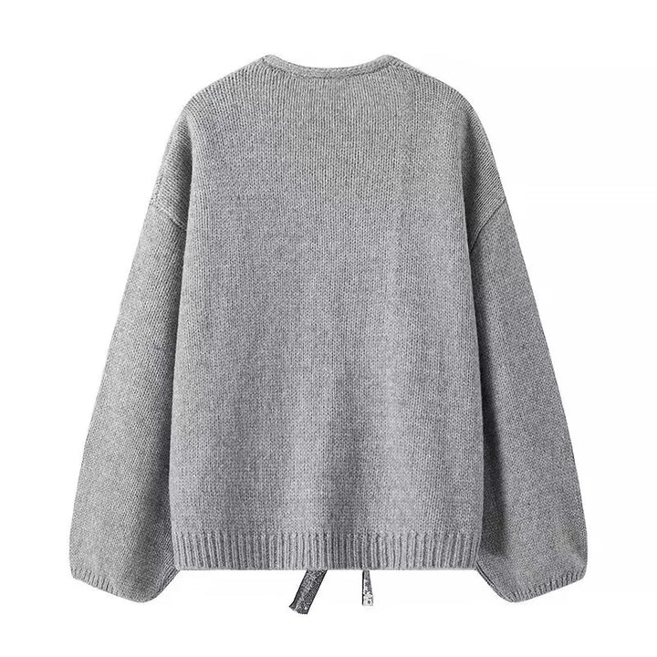 Women nan Oversize knit cardigan with deep V-neck and decorative sequin bows Mune Fashion