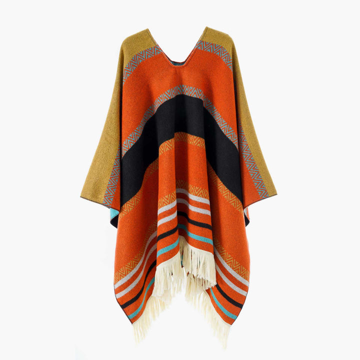 Women Oversize Poncho-Cape with V-neck and Fringe Hem Mune Fashion