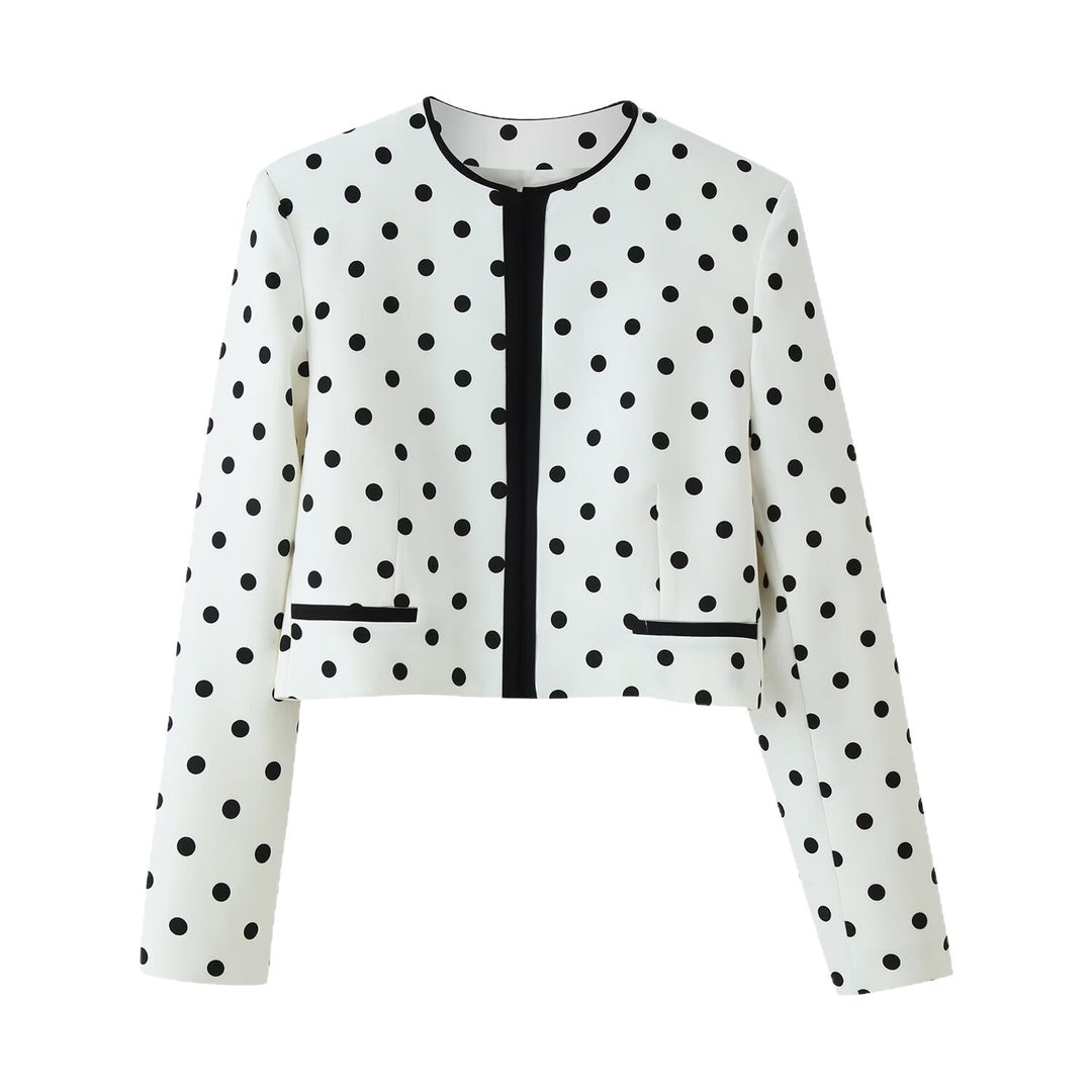 Women’s Cropped Transitional Jacket in Polka Dot Design with Round Neckline and Contrasted Trim Processing Mune Fashion