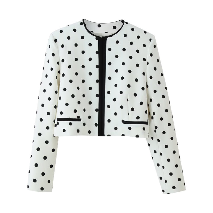 Women’s Cropped Transitional Jacket in Polka Dot Design with Round Neckline and Contrasted Trim Processing Mune Fashion