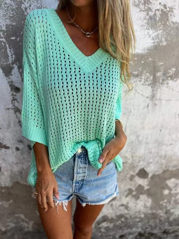 Women's airy knitted V-neck pullover in oversized cut Mune Fashion