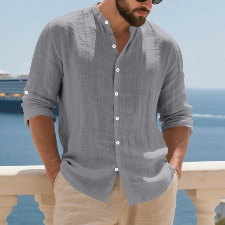Men's relaxed long-sleeve shirt made of airy linen-cotton blend with Mandarin collar and rounded hem Mune Fashion