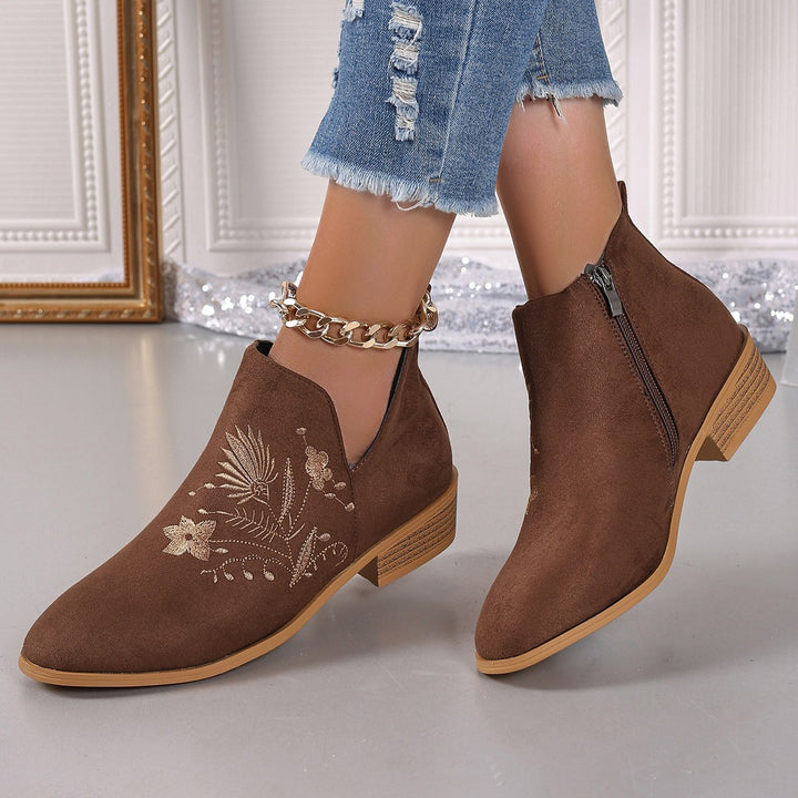 Women Embroidered Ankle Boots with V-Cut and Side Zipper Mune Fashion