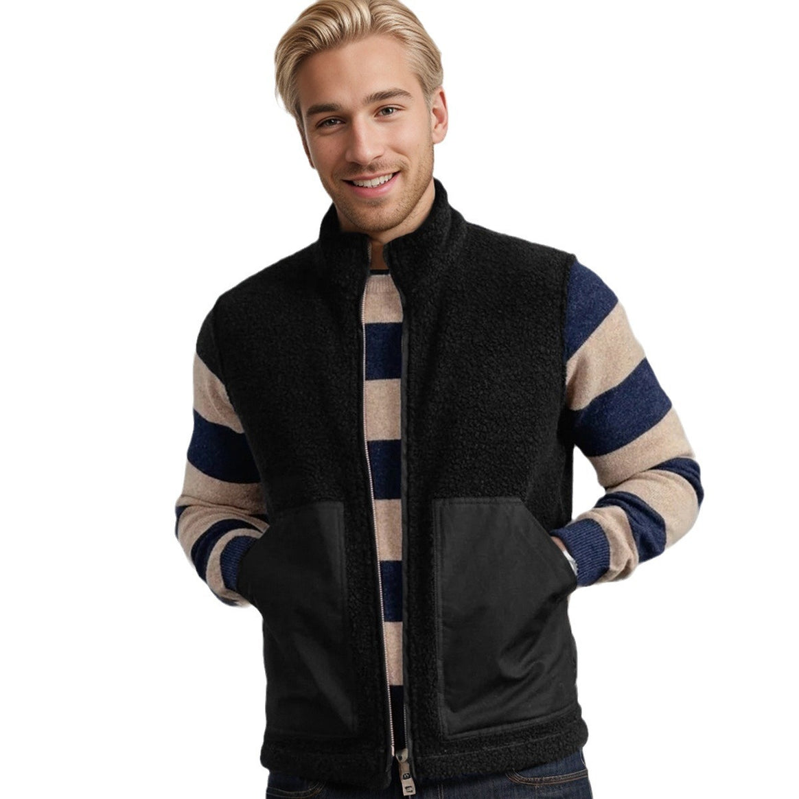 Women short-cut bouclé fleece vest with stand-up collar, two-way zipper and contrasting patch pockets Mune Fashion