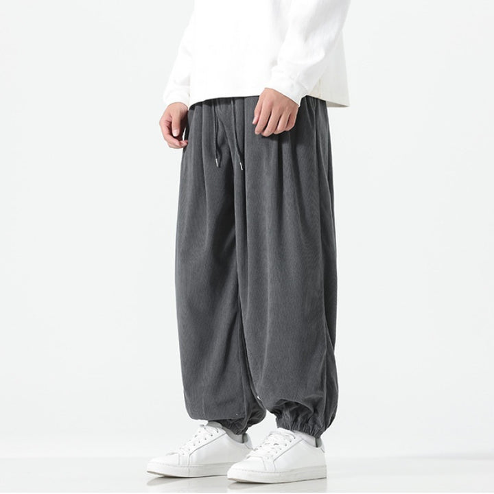 Men's Wide Cord Trousers in Balloon Cut with Drawstring and Elastic Cuff Mune Fashion