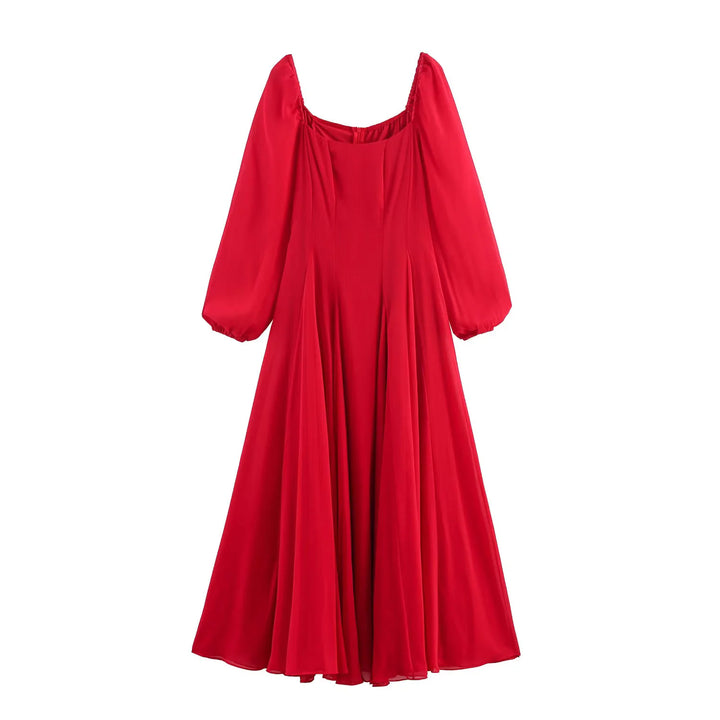 Ladies long evening dress with flared skirt, voluminous balloon sleeves and square neckline Mune Fashion