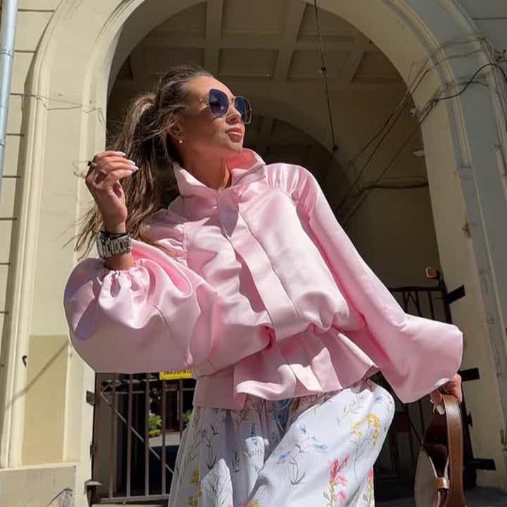 Women's satin blouse jacket with voluminous balloon sleeves, stand-up collar and fitted placket Mune Fashion