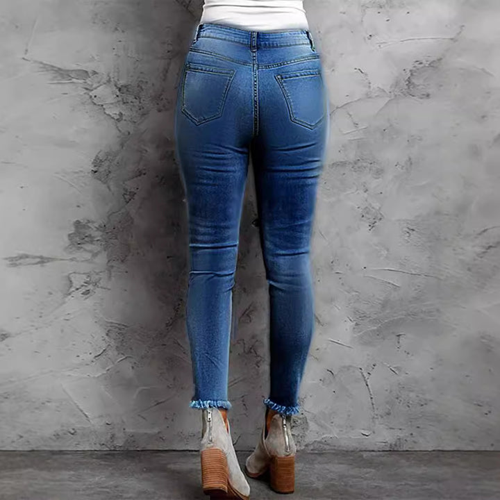 Women Stretch Skinny Jeans with High Waist, Knee Ripped Details and Leo Underlay Mune Fashion