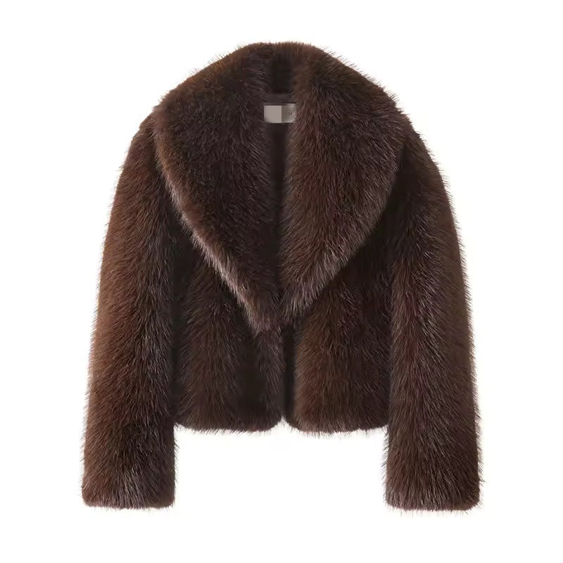 Ladies Cropped Faux Fur Short Jacket with Extra Voluminous Shawl Collar Mune Fashion